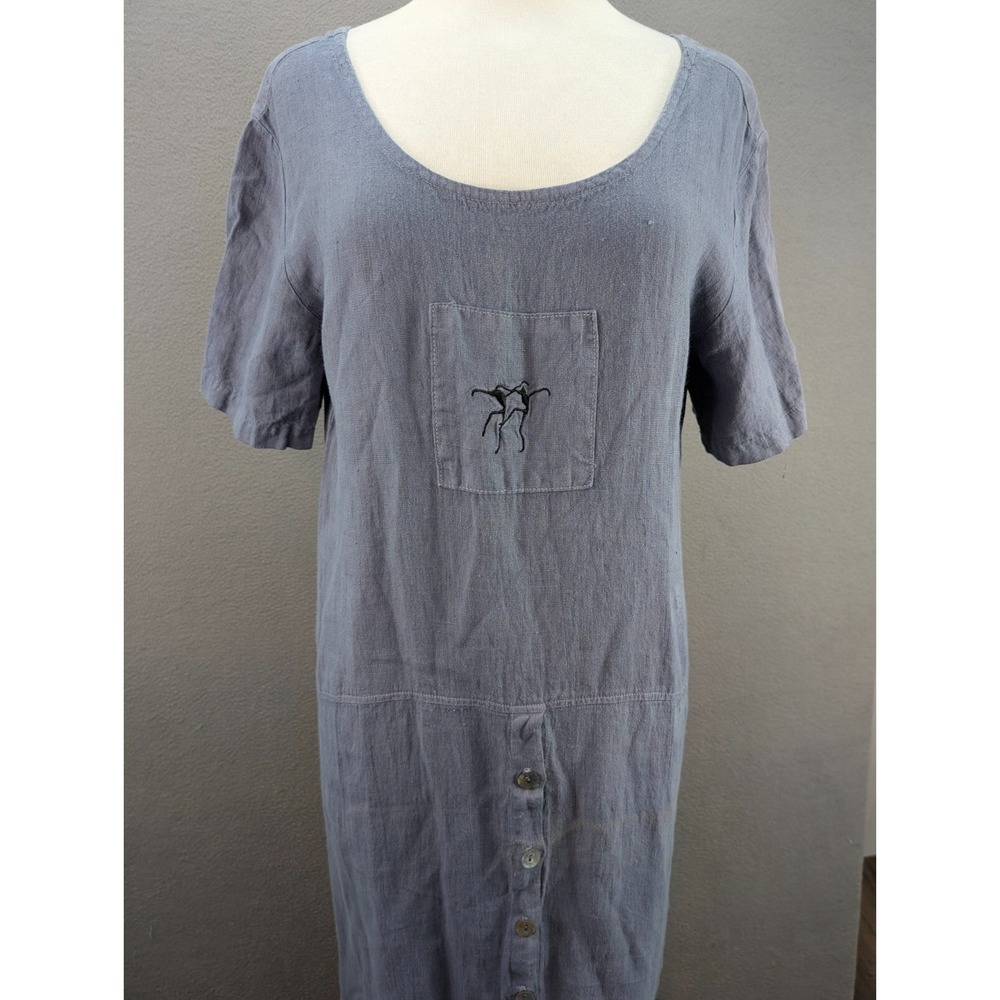 Womens Linen Button Front Maxi Shirt Dress Embroidered Logo Size S Blue Chambray - Picture 3 of 13